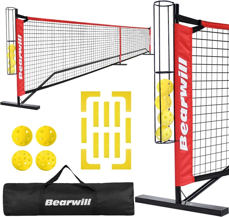 Photo 1 of Bearwill Pickleball Net, 22 FT Regulation Size Portable Pickleball Net, Pickle Ball Net with Exclusive Ball Holder, Court Marker, 4 Pickleballs & Carry Bag, Pickle Ball Net for Outdoor Indoor Driveway