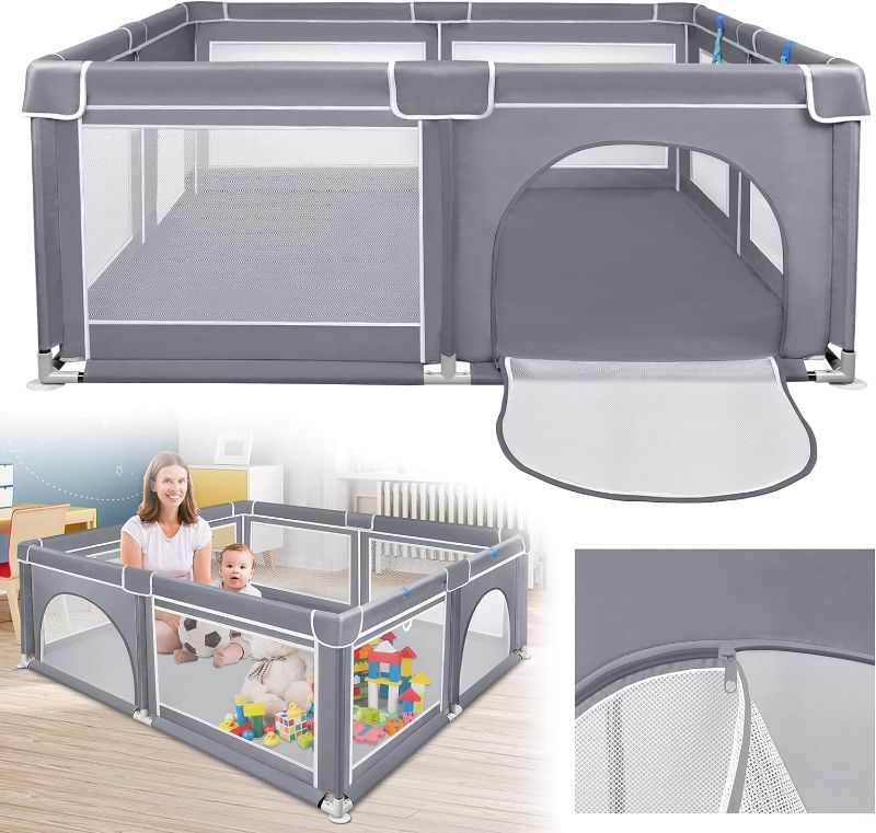 Photo 1 of ACXIN Children's Playpen, 127 x 127 x 68 cm, with non-slip base and breathable mesh, stable interception grid for children, gray