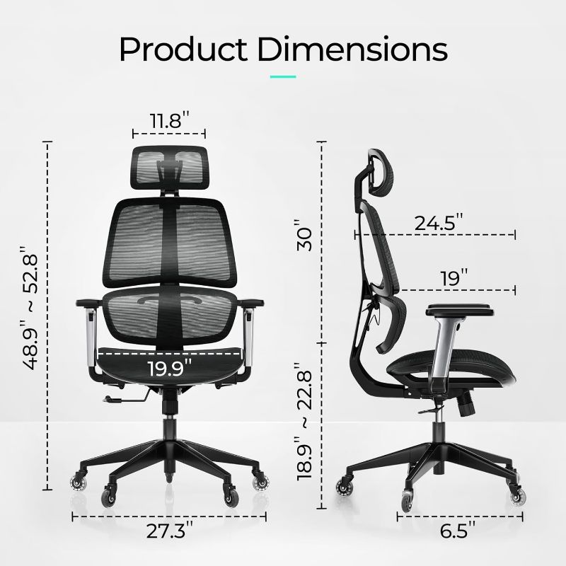 Photo 7 of (READ NOTES) LINSY HOME Ergonomic Office Chair, Swivel Ergonomic Task Chair with Adjustable Headrest and Arms, Lumbar Support and PU Wheels, Computer Mesh Chair for Home Office, Black
