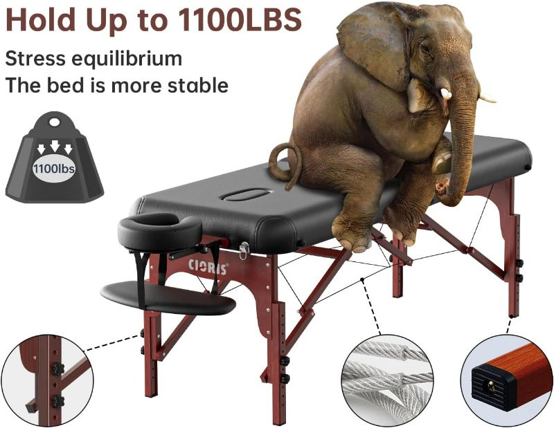 Photo 3 of (READ NOTES) CLORIS 84" Professional Massage Table Portable 2 Folding Lightweight Facial Salon Spa Tattoo Bed Height Adjustable with Carrying Bag & Wooden Leg Hold Up to 1100LBS Black-wooden Leg