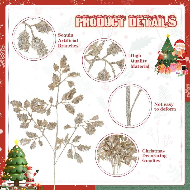 Photo 1 of (READ NOTES) Glitinsel 20 Pcs Christmas Glitter Holly Leaves Pick 23 Inch Artificial Holly Leaves Spray Stem Christmas Glitter Leaf Decor for DIY Christmas Tree Wreath Holiday Wedding Home Decor (Rose Gold)