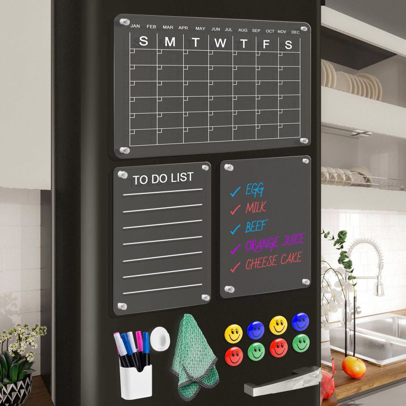 Photo 1 of [Upgraded]Acrylic Magnetic Dry Erase Calendar Board for Fridge 16"x12" and 8"x12", Refrigerator Calendar Clear Planner Set Includes 3 Acrylic Calendars, Dry Erase Markers, Fridge Magnets and Eraser