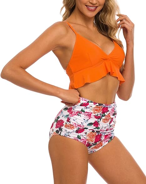 Photo 1 of COSKAKA Women Two Pieces High Waisted Ruffle Bikini Set Printed Swimwear Bathing Suit Junior Bikini Swimsuits for Teen Girls
