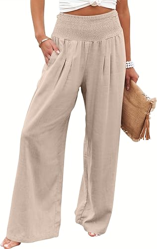 Photo 1 of ANRABESS Women Linen Palazzo Pants Summer Boho Wide Leg High Waist Casual Lounge Pant Trousers with Pockets (khaki, xl)