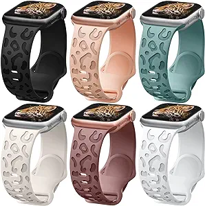 Photo 1 of 5 Pack Leopard Engraved Silicone Watch Bands Compatible with Apple Watch Band 40mm 44mm 41mm 38mm 45mm 42mm 49mm Women Men,Waterproof Cheetah Sport Strap Wristbands for iWatch Ultra Series 8 7 SE 6 5