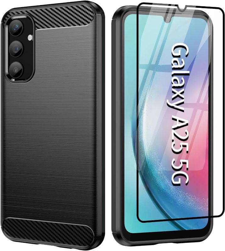 Photo 1 of Muokctm for Samsung Galaxy A25 5G 2023 Case, with Tempered Glass Screen Protector, Shock-Absorption Brushed Flexible Soft Carbon Fiber Protective Cover for Galaxy A25 5G (Black