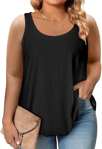 Photo 1 of Eytino Womens Plus Size Tank Tops Summer Eyelet Embroidery Sleeveless T-Shirts Tops Scoop Neck Causal Loose Flowy Cami XL