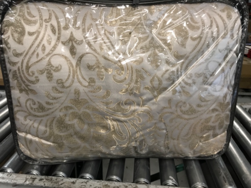 Photo 3 of Madison Park Emilia Bed in a Bag Comforter Set with Sheets, Gold Metallic Jacquard Damask Design, Traditional, All Season Bedding Includes Bedskirt, Shams, Toss Pillows, Cal King Khaki/Gold 12 Piece California King Khaki