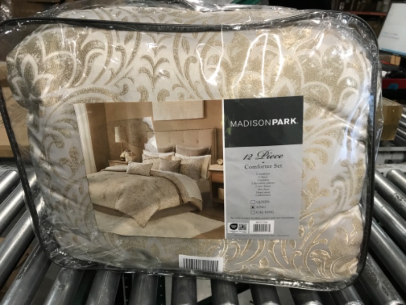 Photo 2 of Madison Park Emilia Bed in a Bag Comforter Set with Sheets, Gold Metallic Jacquard Damask Design, Traditional, All Season Bedding Includes Bedskirt, Shams, Toss Pillows, Cal King Khaki/Gold 12 Piece California King Khaki