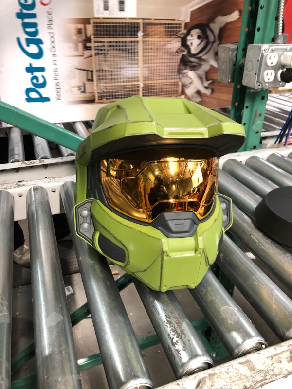 Photo 2 of HALO Master Chief Deluxe Helmet with Stand - LED Lights on Each Side - Battle Damaged Paint - One Size Fits Most - Build Your Halo Universe, Green