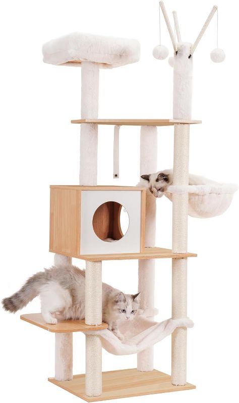 Photo 1 of *STOCK IMG AS REF* Hey-brother Wooden Cat Tree,55.5“ Cat Furniture with Scratching Posts, Modern Cat Tower with hammocks, Toys, cat condo, Walnut MPJ120-MWB