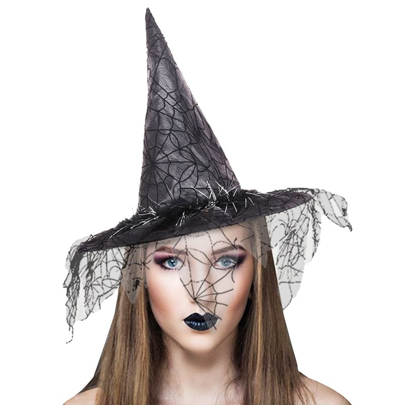 Photo 1 of Moyubath Halloween Witch Hat for Women Vintage Lace Veils Printed Hats Party Supplies Halloween Costume Accessories with Spider Web