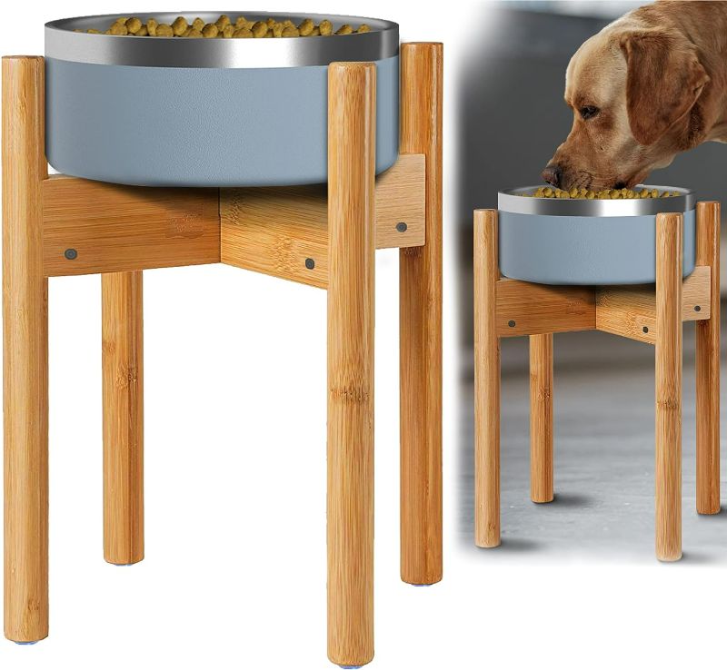 Photo 1 of ****STOCK IMAGE FOR SAMPLE****SEE NOTES**
Dog Bowl Stand for Large Dogs - Height 14-inch, Adjustable, Lockable Width (8-11 inches Wide) - Food, Water Feeder Holder - Bamboo Stand Only
