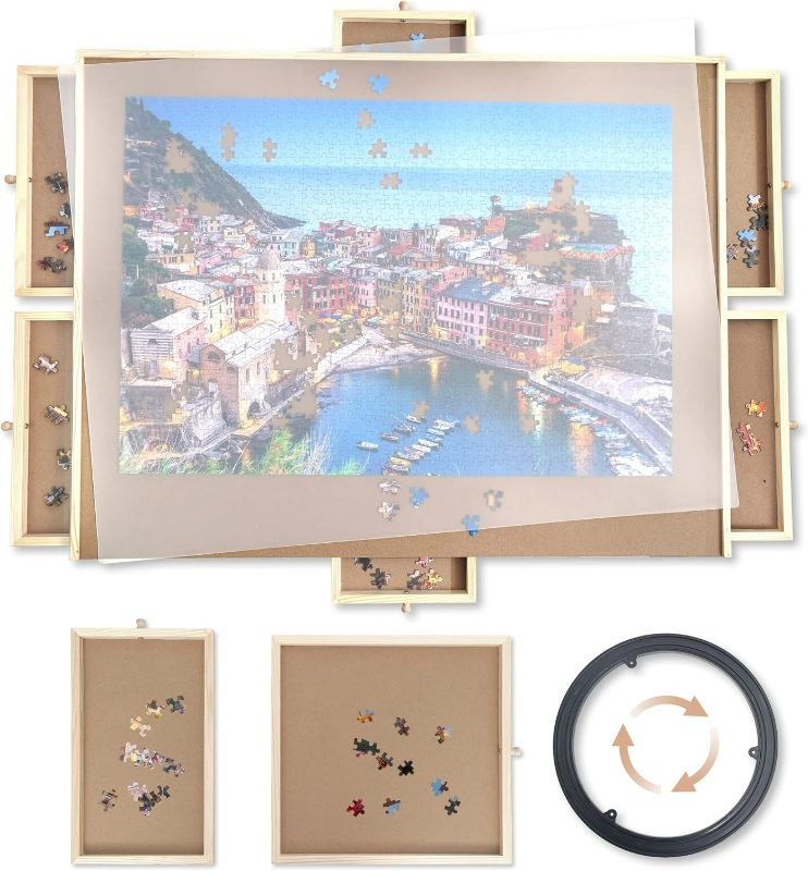 Photo 1 of * see images for damage *
Puzzle Board, WOOD CITY 1500 Piece Wooden Jigsaw Puzzle Board with Drawers, 