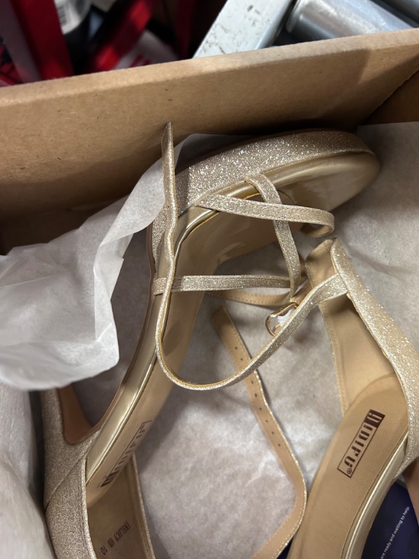 Photo 3 of ***STOCK PHOTO FOR REFERENCE-SEE PICS*** IDIFU Women's Dress Platform High Heels Strappy Heeled Sandals Open Toe Ankle Strap Shoes for Women Wedding Bridal Homecoming SIZE 10 Gold Glitter