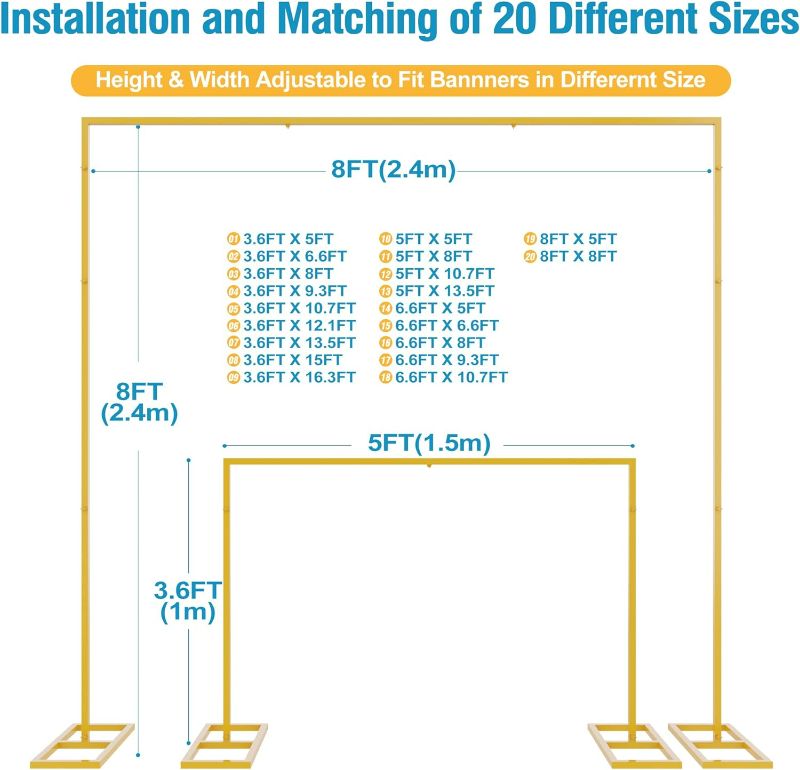 Photo 4 of Fomcet 8FT x 8FT Backdrop Stand Heavy Duty with Base, Gold Portable Adjustable Pipe and Drape Backdrop Stand Kit, Square Metal Arch Party Frame for Wedding Birthday Parties Banquet Decorations 8 x 8 FT(HxW) 8FT-Gold-C