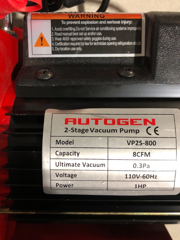 Photo 6 of * used * see images * 
AUTOGEN 2-Stage 8CFM Vacuum Pump, 1HP 2.25 Micron 110V Air Vacuum Pump 