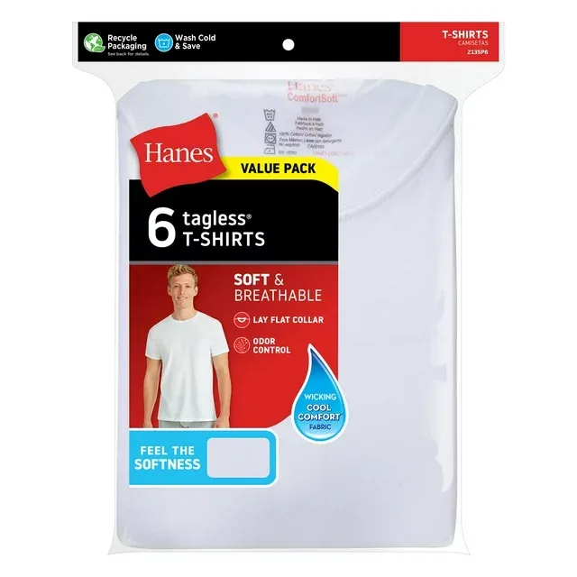 Photo 1 of Hanes Men's Value Pack White Crew T-Shirt Undershirts, 6 Pack LARGE