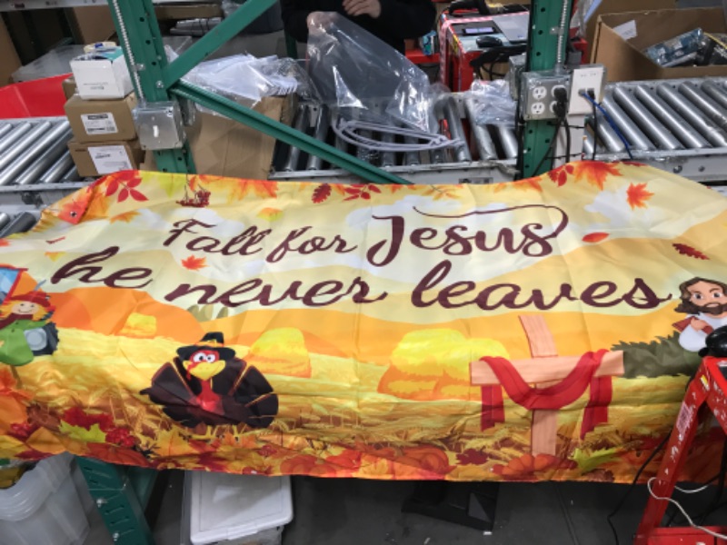 Photo 2 of Large Fall for Jesus Banner Decorations Fall for Jesus He Never Leaves Backdrop Pumpkin Maple Leaf Background Autumn Thanksgiving Party Decor