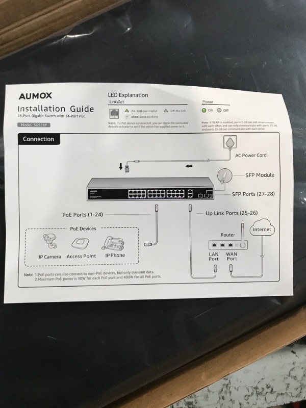 Photo 4 of Aumox 24 Port Gigabit PoE Switch, 28 Port PoE Switch Unmanaged 400W, with 2 x Uplink Gigabit Ports, 2 x 1G SFP Slots, Rackmount or Desktop, PoE Recovery, Plug and Play