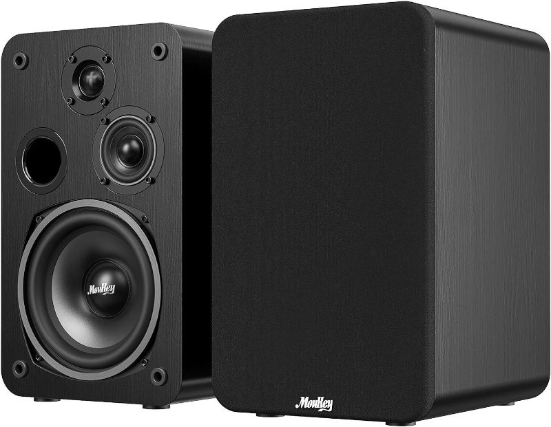 Photo 1 of Moukey Passive Bookshelf Speakers (Pair), Peak Power 2×55W, 3-Way Home Theater Speakers, 2.0 Stereo Near Field Studio Premium Sound, Wooden Wall-Mountable, Black