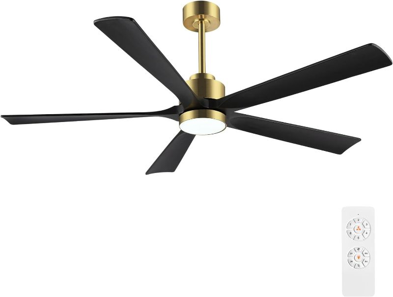 Photo 1 of (READ NOTES) ELEHINSER 60" Modern Ceiling Fan with Light and Remote Control, 5 Solid Wood Blades 6-Speed Noiseless Reversible DC Motor, Ceiling Fan for Bedroom Dinning Living Room, Gold Finish with Black Blades

