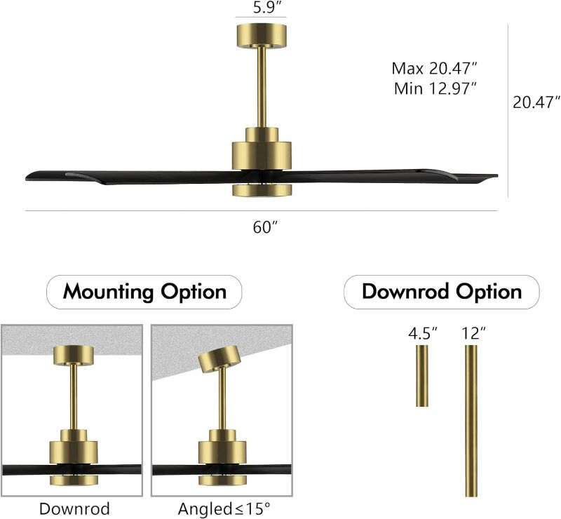 Photo 4 of (READ NOTES) ELEHINSER 60" Modern Ceiling Fan with Light and Remote Control, 5 Solid Wood Blades 6-Speed Noiseless Reversible DC Motor, Ceiling Fan for Bedroom Dinning Living Room, Gold Finish with Black Blades
