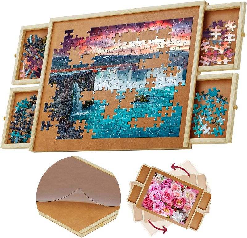 Photo 1 of 1000 Piece Wooden Jigsaw Puzzle Board - 4 Drawers, Rotating Puzzle Table | 30” X 22” Jigsaw Puzzle Table | Puzzle Cover Included