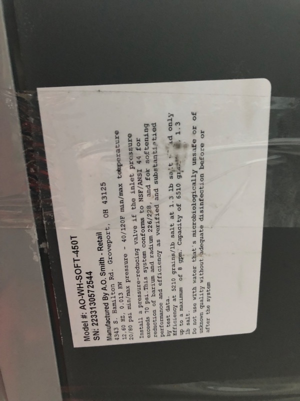 Photo 8 of ***NOT FUNCTIONAL - FOR PARTS - NONREFUNDABLE - SEE NOTES***
A.O. Smith 45000-Grain Water Softener System
