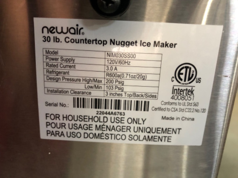 Photo 7 of ***DAMAGED - DENTED - POWERS ON - UNABLE TO TEST FURTHER***
Newair Countertop Nugget Ice Maker Up to 30lbs of Ice a Day Stainless Steel