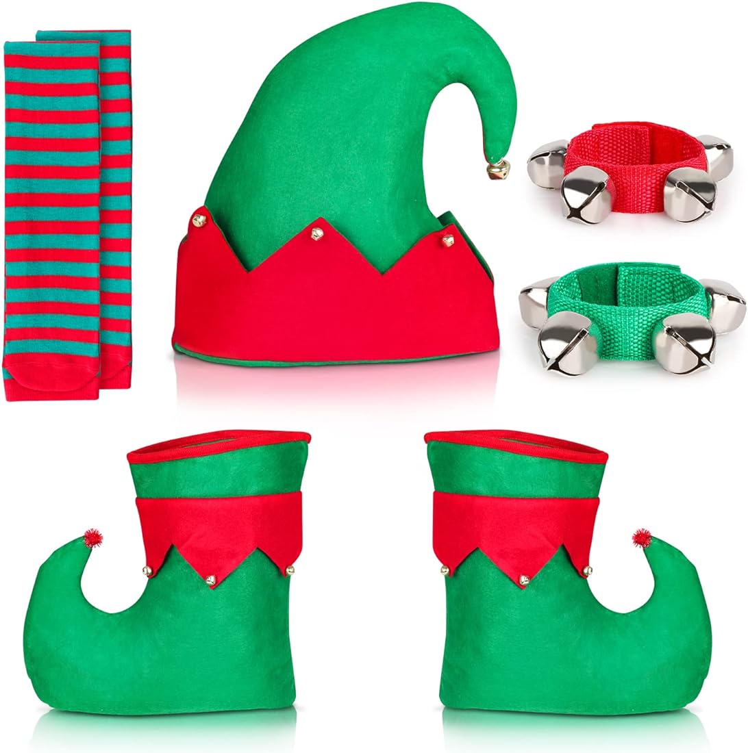 Photo 1 of Hooqict 7 Pieces Christmas Elf Costume Accessories Elf Hat Shoes Covers Socks Felt Set