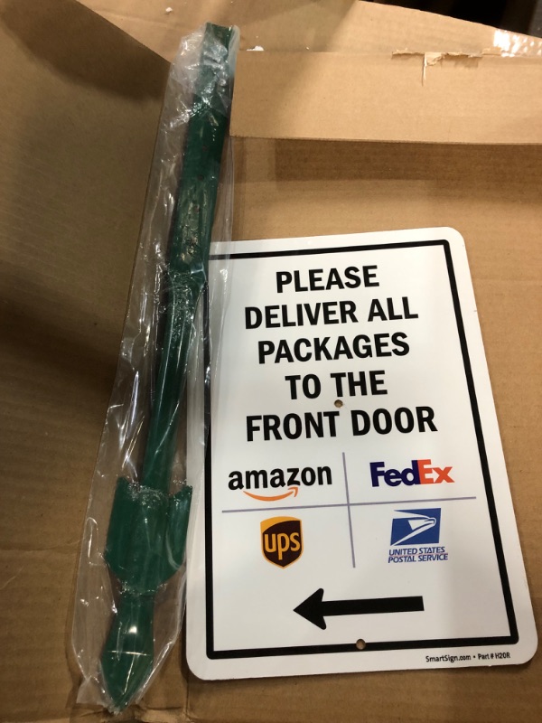 Photo 2 of SmartSign 10 x 7 inch “Please Deliver All Packages to The Front Door” Left Arrow Yard Sign, 40 mil Laminated Rustproof Aluminum, 21.5 inch Tall Sign & Stake Kit, Multicolor 10" x 7" Aluminum Sign with 18" Stake (Left Arrow)