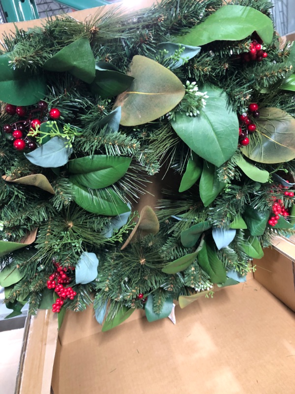 Photo 3 of National Tree Company Pre-Lit Artificial Christmas Wreath, Green, Frosted Berry, White Lights, Decorated with Pine Cones, Berry Clusters, Frosted Branches, Christmas Collection, 24 Inches 24 Inch White