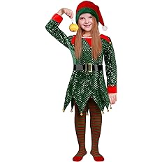 Photo 1 of Farochy Christmas Elf Costume for Kids - Elf Costume Child with Elf Hat Belt Striped Stockings Santa helper Costume
