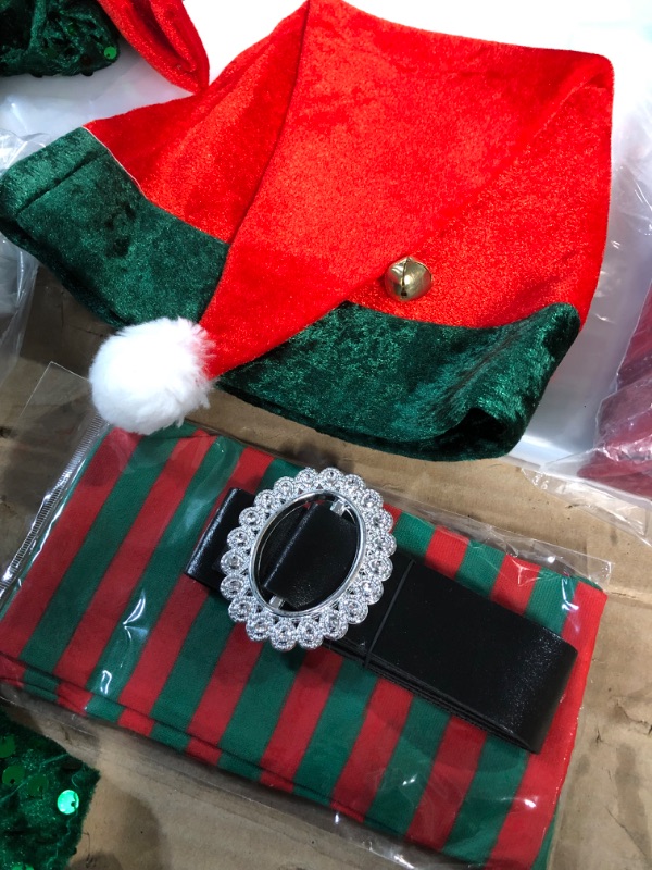 Photo 2 of Farochy Christmas Elf Costume for Kids - Elf Costume Child with Elf Hat Belt Striped Stockings Santa helper Costume
