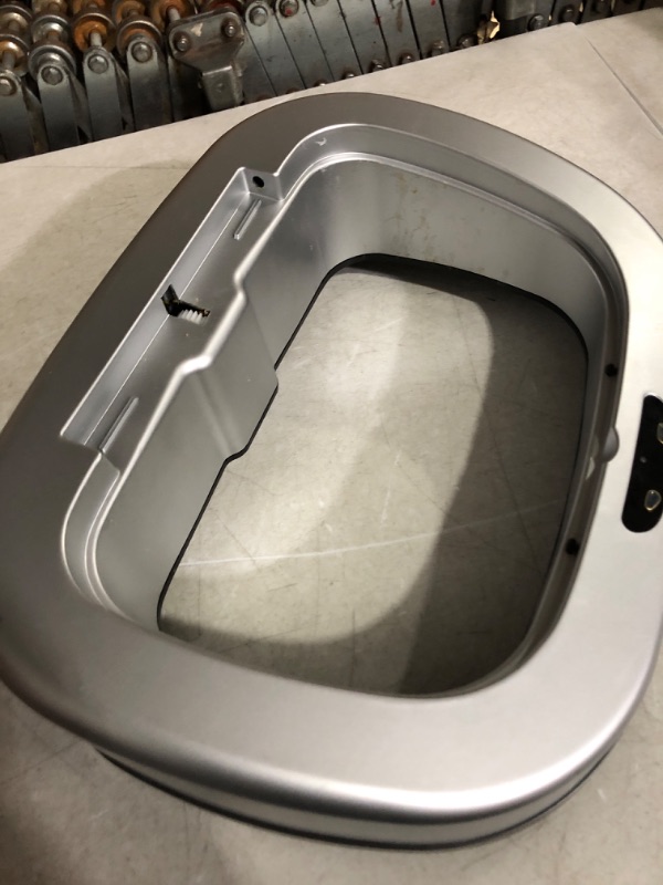 Photo 1 of **BROKEN LID*FOOD RESIDUE88
NINESTARS Automatic Touchless Infrared Motion Sensor Trash Can with Stainless Steel Base & Oval, Silver/Black Lid, 21 Gal 21 Gal Trash Can