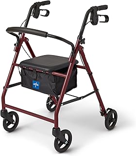 Photo 1 of Medline Rollator Walker with Seat, Steel Rolling Walker with 6-inch Wheels Supports up to 350 lbs, Medical Walker, Burgundy
