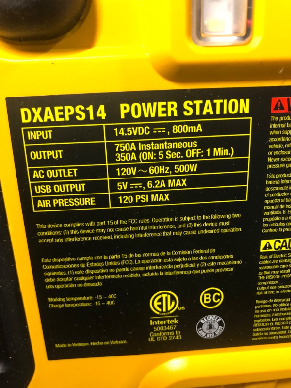 Photo 2 of DEWALT DXAEPS14 1600 Peak Battery Amp 12V Automotive Jump Starter/Power Station with 500 Watt AC Power Inverter, 120 PSI Digital Compressor, and USB Power , Yellow