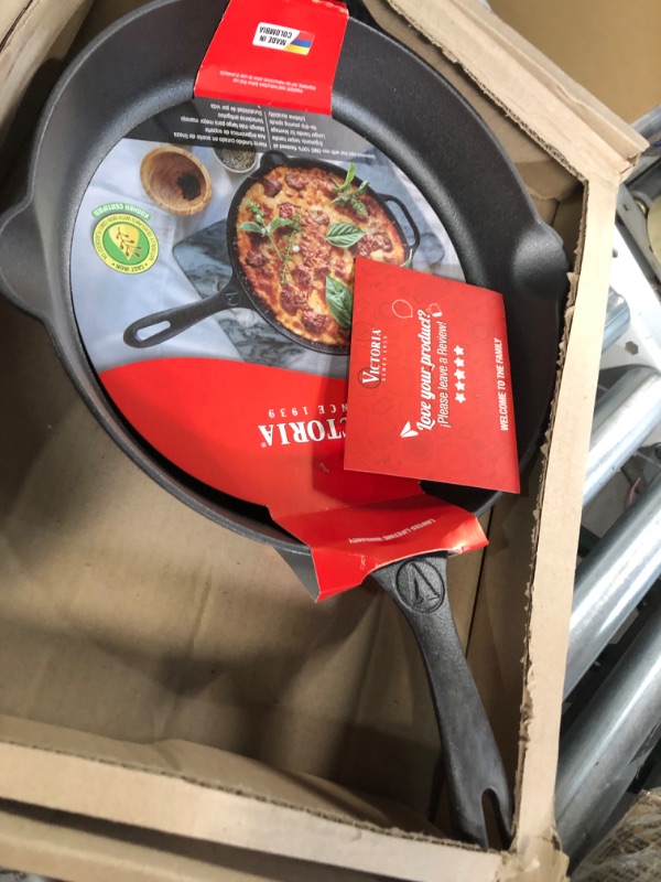 Photo 3 of Victoria Cast-Iron Skillet, Pre-Seasoned Cast-Iron Frying Pan with Long Handle, Made in Colombia, 12 Inch & Silicone Cast Iron Handle Cover. for 10 to 12 inch Skillets, Large, Red 12 Inch Skillet + Handle Cover