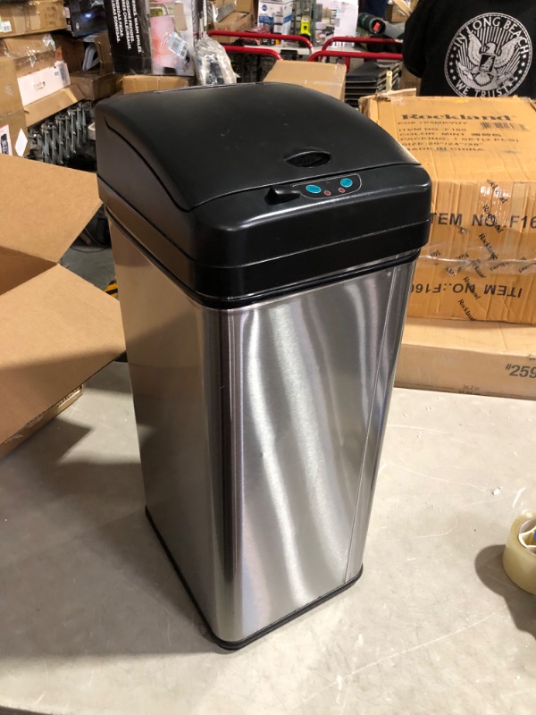 Photo 2 of ***HEAVILY USED AND DIRTY***
iTouchless Pet-Proof Sensor Kitchen Trash Can with AbsorbX Odor Filter 13 Gallon Silver Stainless Steel