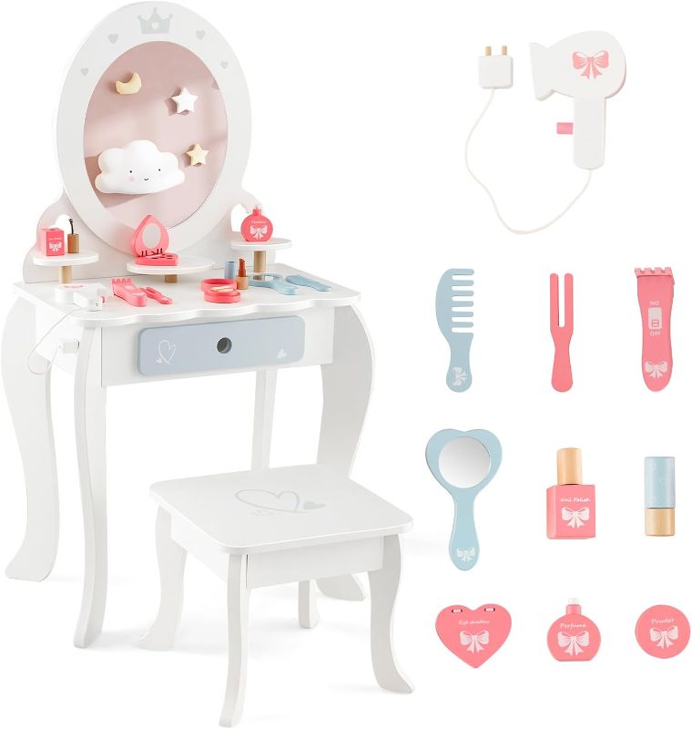 Photo 1 of 
Costzon Kids Vanity Set with Mirror, Princess Makeup Dressing Table & Stool Set, Toddler Vanity w/Accessories, Drawer, Storage Shelves, Pretend Play...