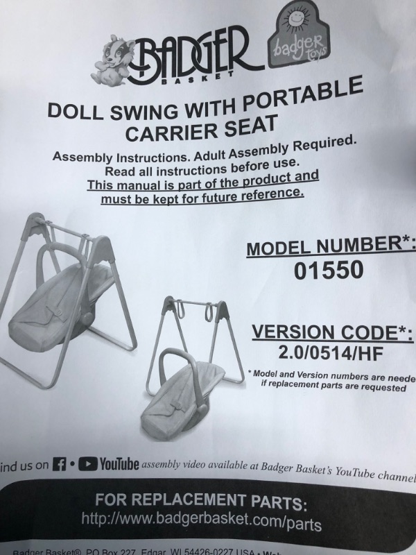 Photo 2 of Badger Basket Toy Doll 2-in-1 Pretend Swing and Portable Carrier Seat for 18 inch Dolls - Pink/Gingham