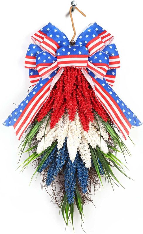 Photo 1 of Large Veterans Day Patriotic Wreath for Front Door, Red Blue Burlap, American Flag Stars. 4th of July Wreath,Labor Day, Holiday Wreaths, Festival Garland Decoration, Memorial Day Decoration Supplies