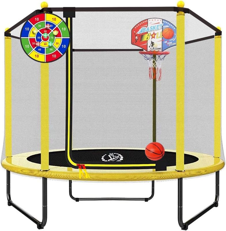 Photo 1 of (READ NOTES) LANGXUN 60" Trampoline for Kids, 5ft Mini Toddler Indoor & Outdoor Trampoline with Net, Basketball Hoop & Dart Board, Birthday Gifts for Boys...