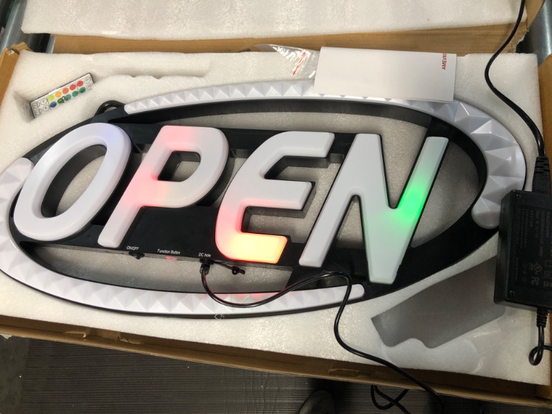 Photo 2 of * item works partially * sold for parts * 
AMEVRGTHS Neon Open Sign for Business Open Neon Light, 24''×12'', 16 LED Color Combos, Running Effects of up and Down Arc,