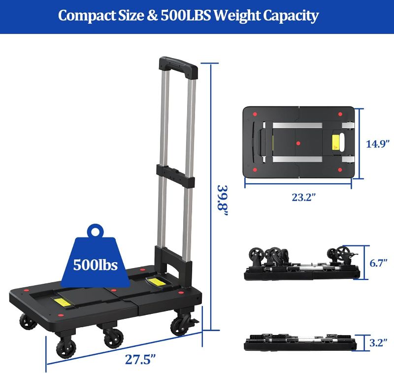 Photo 4 of (READ NOTES) Klonvs Folding Hand Truck Dolly, 650 LBS Portable Shopping Carts with 6 Foldable Rotary Wheels (2 Brake Wheels) & 2 Elastic Ropes, Utility Cart Heavy Duty for Travel, Moving, Airport, Office Use Large