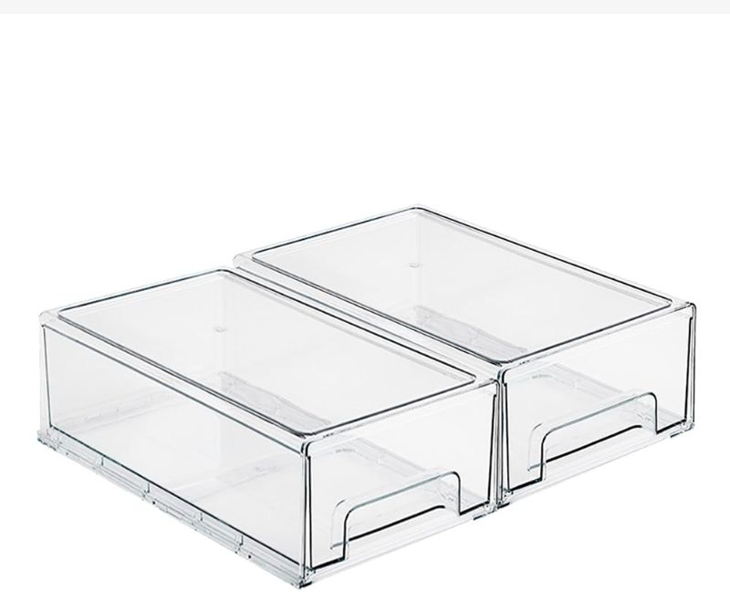 Photo 1 of 2 Pack Stackable Refrigerator Organizer Bins with Pull-out Drawer Clear Plastic Kitchen Storage Box for Fridge and