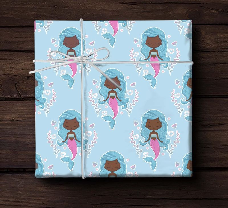 Photo 1 of African American Black Mermaid Premium Blue Wrapping Paper Gift Wrap Birthday Present Party Decoration (20 inch x 30 inch sheet)