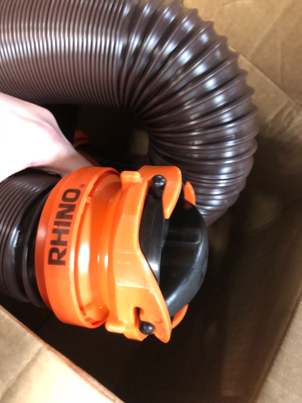 Photo 3 of Camco RhinoFLEX RV Sewer Hose Kit with Swivel Transparent Elbow and 4-in-1 Dump Station Fitting, Brown, 15 Feet (39770) 15ft Sewer Hose Kit Frustration-Free Packaging