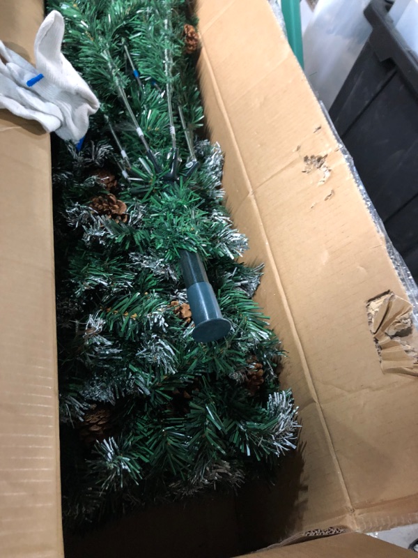 Photo 2 of 6ft Flocked Christmas Tree with Decorations (900 PVC Branch Tips & 56 Pine Cones), Metal Hinges & Base, Green and White Slight Pre-Decorated Artificial Xmas Tree 6 feet | Add Holiday Touch